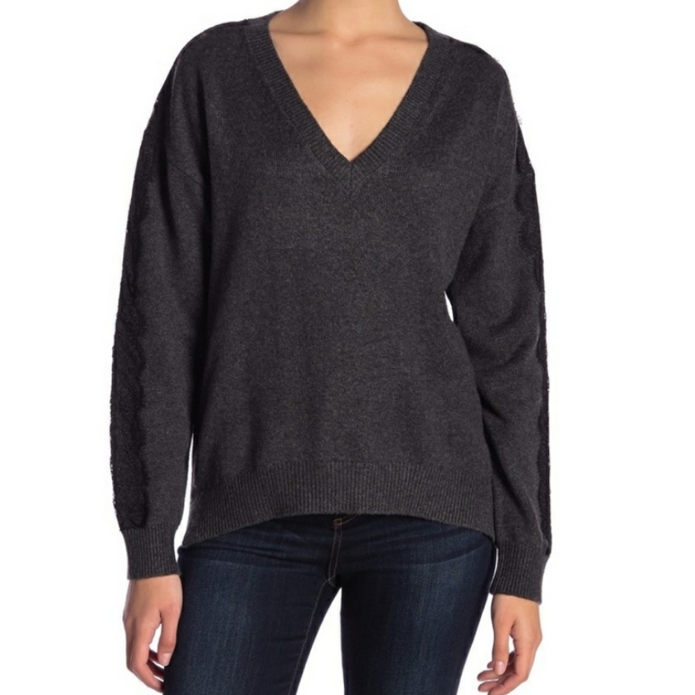14th & Union Lace Trim V Neck Sweater Dark Gray XS